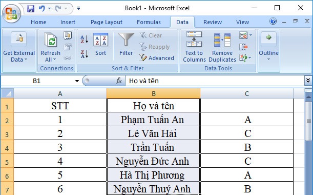 Nội dung trong cột Excel được tách 