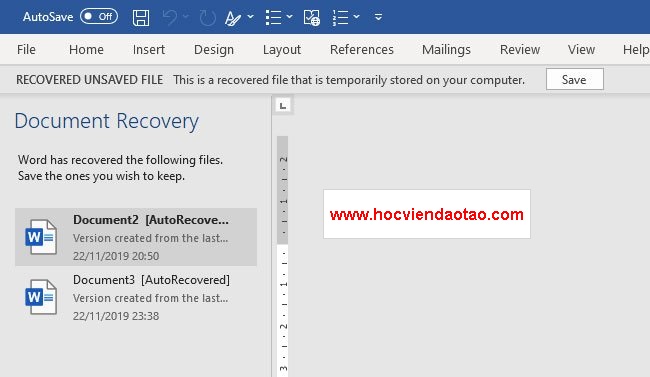 Document AutoRecovery trong Microsoft Office 2019