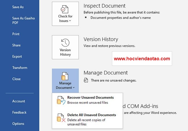 Khôi  phục hồi tài liệu Microsoft Office 2019 thủ công