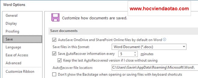 Tùy chỉnh cài đặt AutoRecover trên Microsoft Office 2019